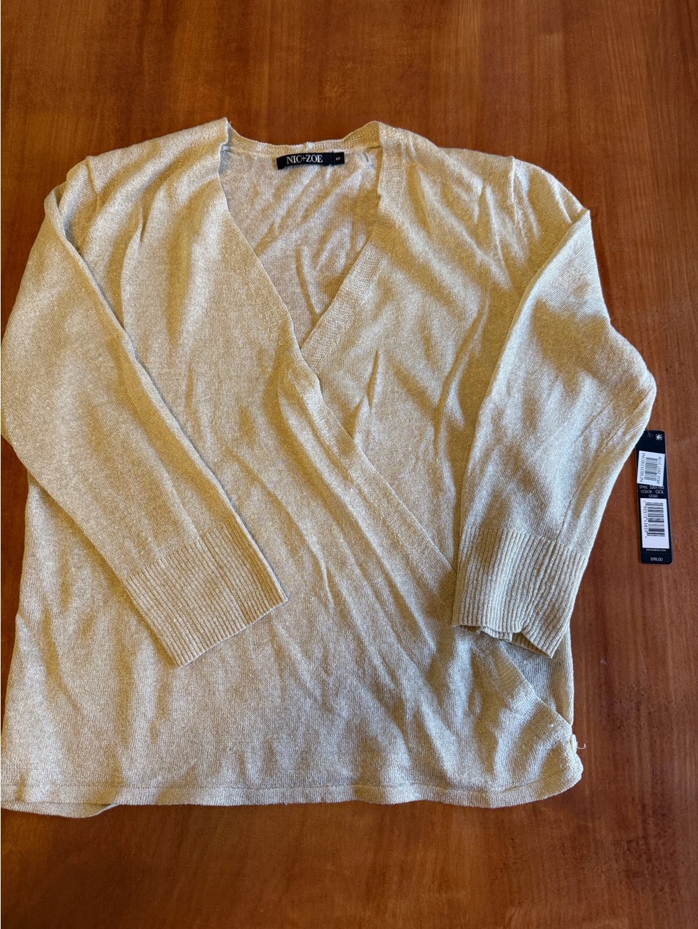 Nic+Zoe Metallic Cream V-Neck Women's Sweater NWT